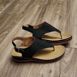 Thong Toe Sandals Black Tan Adjustable Back Lightweight Women's 38